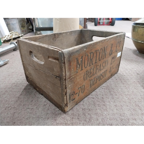 917 - Morton and Co Belfast wooden crate. {22 cm H x 42 cm W x 28 cm D}.