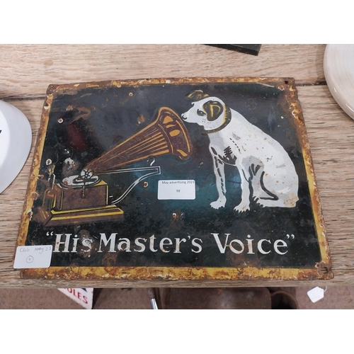 98 - His Master's Voice enamel advertising sign. {23 cm H x 30 cm W}.