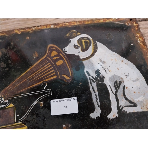 98 - His Master's Voice enamel advertising sign. {23 cm H x 30 cm W}.