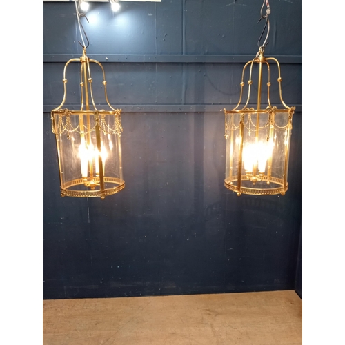 10A - Pair of vintage solid brass and glass circular hall lanterns in the Sheraton style {H 80cm x Dia 42c... 