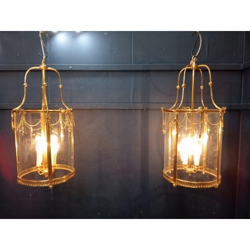10A - Pair of vintage solid brass and glass circular hall lanterns in the Sheraton style {H 80cm x Dia 42c... 