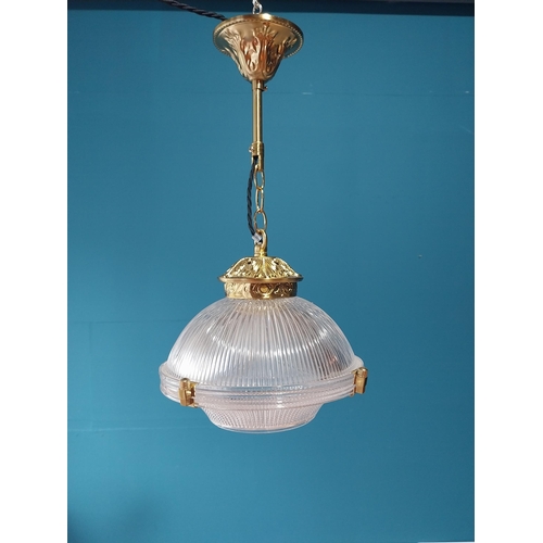12 - Good quality brass and glass holophane style shade {47cm L x 25cm Dia.}