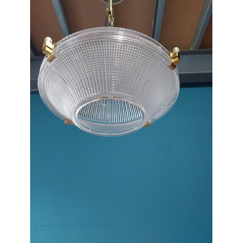 12 - Good quality brass and glass holophane style shade {47cm L x 25cm Dia.}