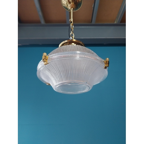 13 - Good quality brass and glass holophane style shade {47cm L x 25cm Dia.}