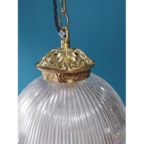 13 - Good quality brass and glass holophane style shade {47cm L x 25cm Dia.}