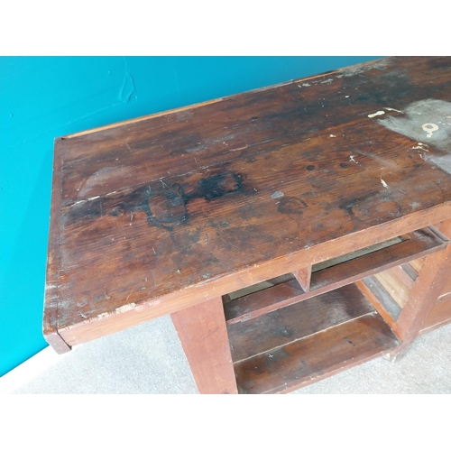 41 - 1950s pine work bench/kitchen island {82 cm H x 154 cm W x 60 cm D}.