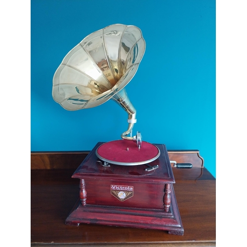 45 - Mahogany and brass Victrola gramophone {67 cm H x 46 cm W x 43 cm D}.