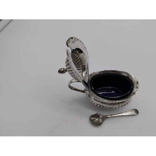 832 - English silver mustard pot & salt pot with original Bristol blue glass liners . Hallmarked in Birmin... 