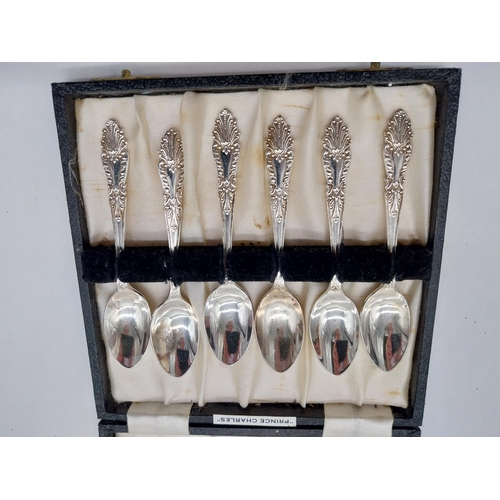 835 - Set of six coffee bean coffee spoons, set of six EPNS Prince Charles tea spoons in prestation case &... 