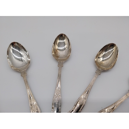 836 - Seven EPNS Newbridge Kings pattern dessert spoons & six EPNS Kings pattern tea spoons.