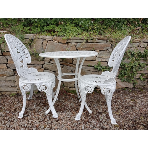 26 - Cast aluminium bistro table and two chairs {Table H 66cm x Dia 66cm Chairs H 85cm x W 40cm x D 38cm}