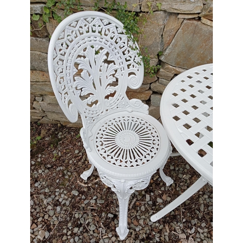 26 - Cast aluminium bistro table and two chairs {Table H 66cm x Dia 66cm Chairs H 85cm x W 40cm x D 38cm}