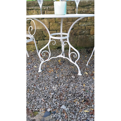 40 - Exceptional quality hand forged wrought iron Arras style circular garden table and two matching chai... 