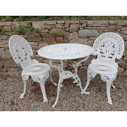 44 - Cast aluminium bistro table and two chairs {Table H 65cm x Dia 70cm Chairs H 85cm x W 40cm x D 40cm}