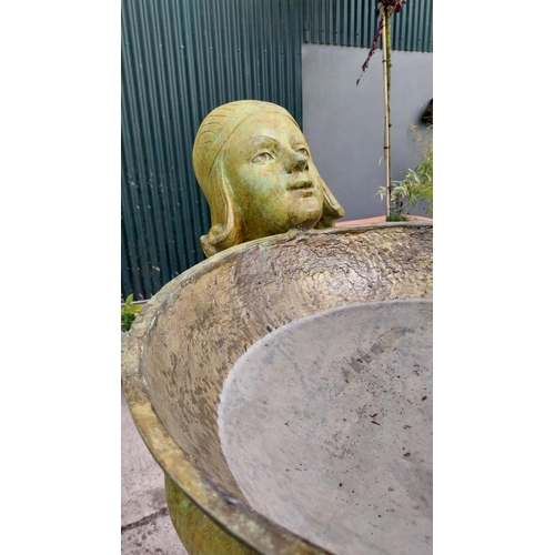 21 - Exceptional quality bronze water feature in the form of an Art Deco lady raised on cut limestone ped... 