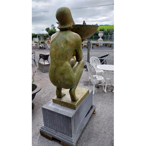 21 - Exceptional quality bronze water feature in the form of an Art Deco lady raised on cut limestone ped... 