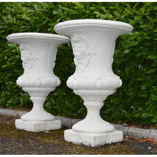 45 - Pair very large stone garden Urn's mask decoration on square base {130 cm H x 90 cm Dia.}.