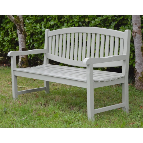 57 - Painted Teak three seater garden bench with oval back {95 cm H x 150 cm W}.