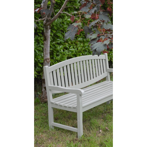 57 - Painted Teak three seater garden bench with oval back {95 cm H x 150 cm W}.