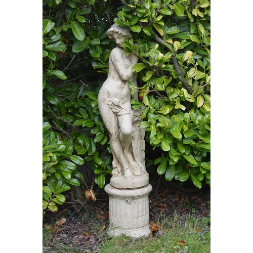 63 - Stone figure of elegant young lady on matching circular base {60 cm H x 36 cm Dia.}.