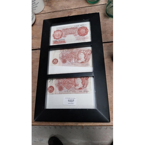 1037 - Framed set of Bank of England and Bank of Scotland 10 shilling notes. {26 cm H x 10 cm W}.