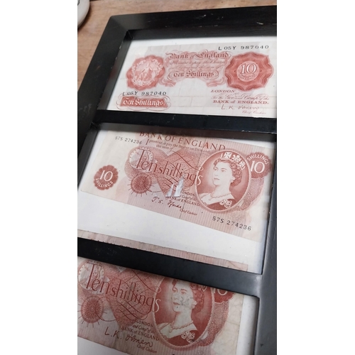 1037 - Framed set of Bank of England and Bank of Scotland 10 shilling notes. {26 cm H x 10 cm W}.