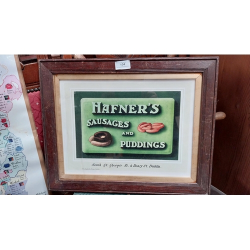 104 - Hafner's Sausages and Puddings advertising print. {37cm H X 46cm W}.