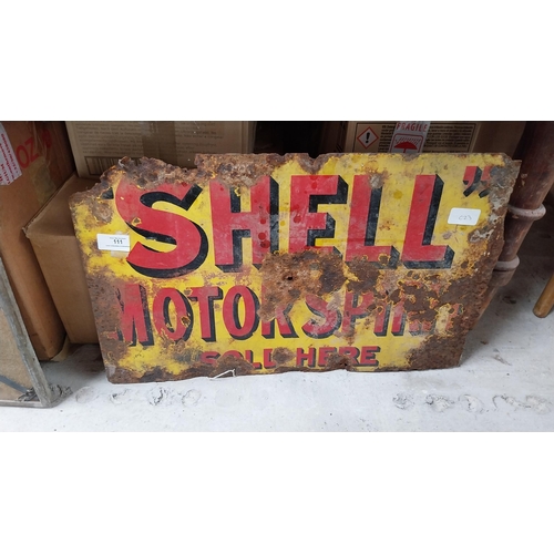 111 - Shell Motor Spirit Sold Here enamel advertising sign. {34 cm H x 54 cm W}.