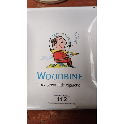 112 - Woodbine The Great Cigarette tin plate ashtray. {13 cm H x 13 cm W}.