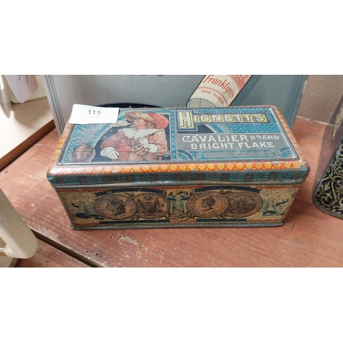 115 - Early 20th. C. Hignett's Cavalier tinplate tobacco tin. {7cm H X 18cm W X 8cm D}.