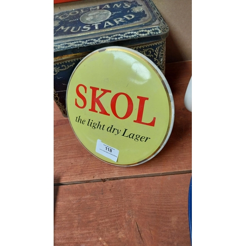 118 - Skol Delight Dry Lager tinplate advertising sign {17cm Dia}.