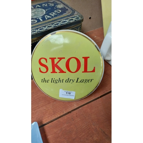 118 - Skol Delight Dry Lager tinplate advertising sign {17cm Dia}.