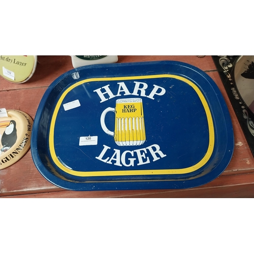 120 - Harp Lager tinplate advertising drinks tray {33 cm H x 42 cm W}.