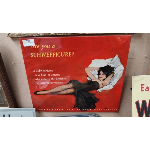 125 - Are You A Schweppicure? Schweppes celluloid advertising showcard {30 cm H x 36 cm W}.