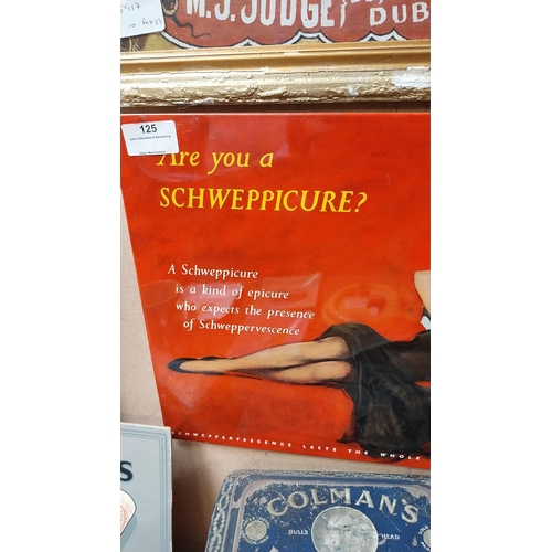 125 - Are You A Schweppicure? Schweppes celluloid advertising showcard {30 cm H x 36 cm W}.