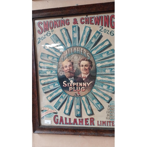 131 - Smoking & Chewing Gallaher's Six Penny Plug pictorial framed advertising print {70 cm H x 55 cm W}.