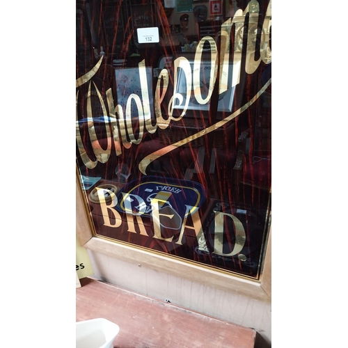 132 - Pure Wholesome Bread wood effect reverse painted glass framed advertising sign {88 cm H x 56 cm W}.