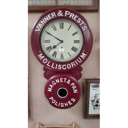 136 - Vanner & Prest's Molliscorium painted pine advertising clock. {78cm H X  47cm W}.