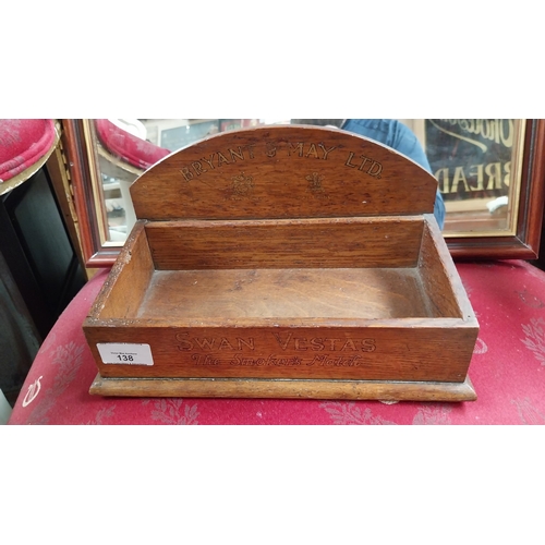 138 - Bryant and May Swan Vesta oak advertising display box. {16 cm H x 27 cm W X 16 cm D}.