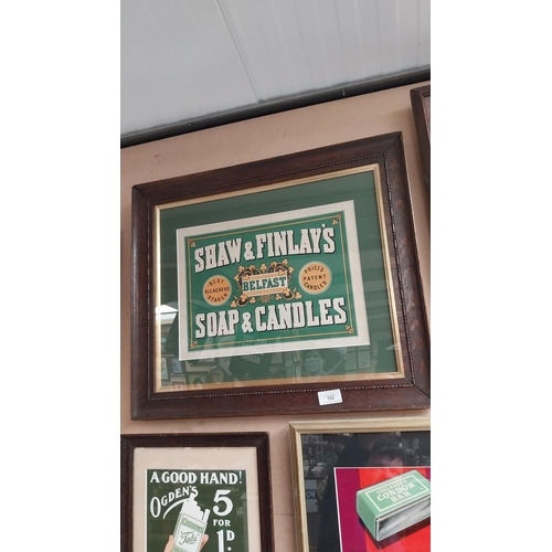 152 - Shaw & Finlay's soap & candles Belfast framed advertising showcard {47cm H x 55cm W}.