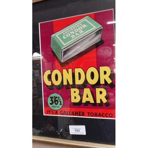 153 - Gallaghers Condor Bar framed showcard. {40 cm H x 30 cm W}.