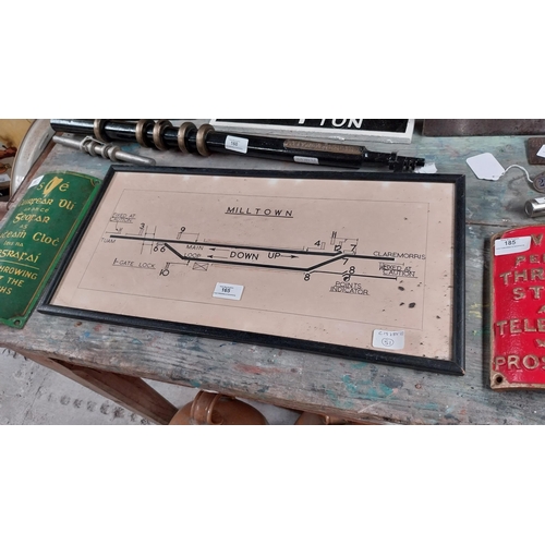 165 - Milltown Tuam Claremorris framed points indicator map. {27 cm H x 55 cm W}.