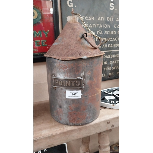 167 - Original metal railway points oil can. {29 cm H x 16 cm Dia.}.