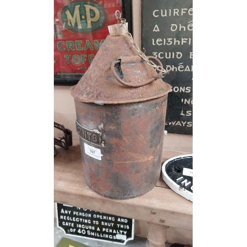 167 - Original metal railway points oil can. {29 cm H x 16 cm Dia.}.