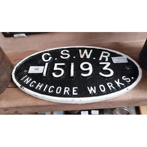 168 - GSWR 15193 Inchicore Works cast iron plaque. {18 cm H x 32 cm W}.