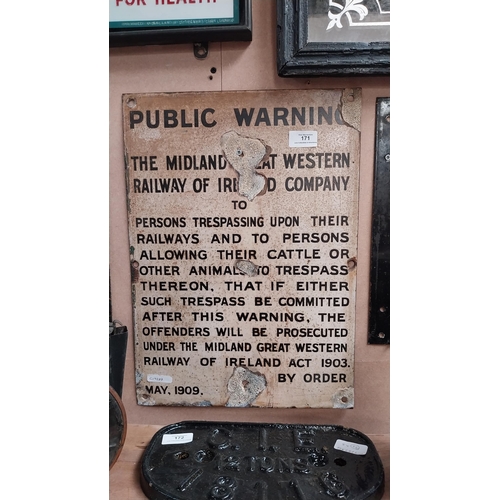 171 - Midland and Western Railway Co Ireland Public Warning enamel sign. {45 cm H x 33 cm W}.