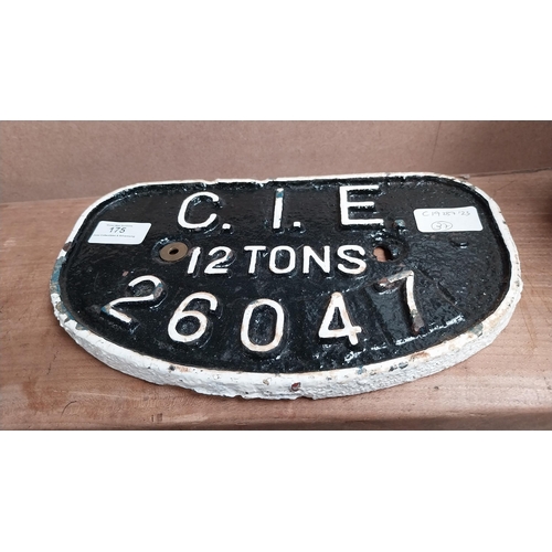 175 - CIE cast iron 12 Tons railway plaque. {17 cm H x 29 cm W].