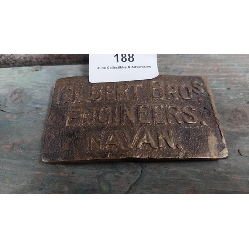 188 - Gilbert Brothers Engineers Navan brass plaque. {5 cm H x 9 cm W}.