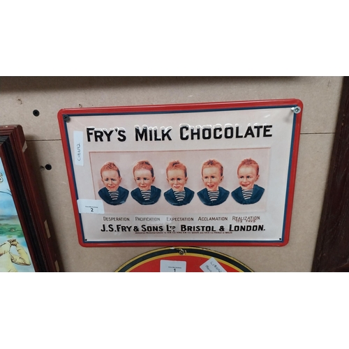 2 - Fry's Chocolate Five Boys tin plate advertising sign. {20 cm H x 30 cm W}.