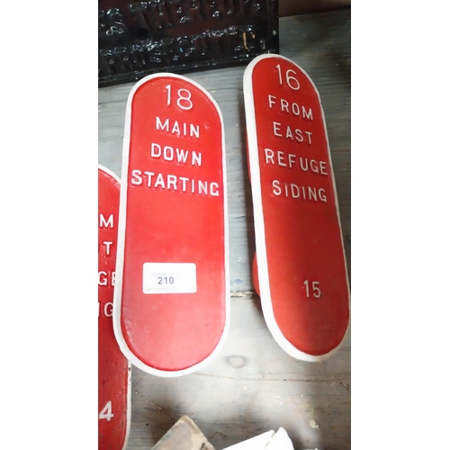 210 - 18 Main Down Starting and 16 From East Refuge Siding railway plaques {24 cm H x 9 cm W}.